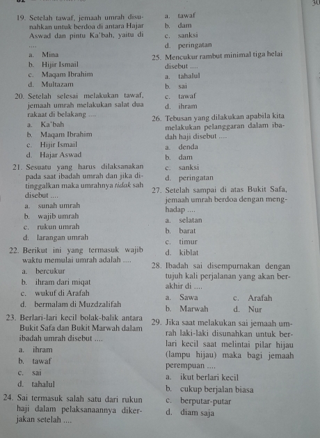 3C
19. Setelah tawaf, jemaah umrah disu- a. tawaf
nahkan untuk berdoa di antara Hajar b. dam
Aswad dan pintu Ka'bah, yaitu di c. sanksi
a. Mina d. peringatan
b. Hijir Ismail 25. Mencukur rambut minimal tiga helai
disebut . …
c. Maqam Ibrahim
d. Multazam b. sai a. tahalul
20. Setelah selesai melakukan tawaf, c. tawaf
jemaah umrah melakukan salat dua d. ihram
rakaat di belakang ....
a. Ka'bah 26. Tebusan yang dilakukan apabila kita
b. Maqam Ibrahim melakukan pelanggaran dalam iba-
c. Hijir Ismail a. denda dah haji disebut ....
d. Hajar Aswad b. dam
21. Sesuatu yang harus dilaksanakan c. sanksi
pada saat ibadah umrah dan jika di d. peringatan
tinggalkan maka umrahnya tidak sah
disebut .... 27. Setelah sampai di atas Bukit Safa,
a. sunah umrah jemaah umrah berdoa dengan meng-
hadap ...
b. wajib umrah a. selatan
c. rukun umrah b. barat
d. larangan umrah c. timur
22. Berikut ini yang termasuk wajib d. kiblat
waktu memulai umrah adalah ....
a. bercukur 28. Ibadah sai disempurnakan dengan
tujuh kali perjalanan yang akan ber-
b. ihram dari miqat akhir di ....
c. wukuf di Arafah
d. bermalam di Muzdzalifah a. Sawa c. Arafah d. Nur
b. Marwah
23. Berlari-lari kecil bolak-balik antara 29. Jika saat melakukan sai jemaah um-
Bukit Safa dan Bukit Marwah dalam rah laki-laki disunahkan untuk ber-
ibadah umrah disebut .... lari kecil saat melintai pilar hijau
a. ihram (lampu hijau) maka bagi jemaah
b. tawaf perempuan ....
c. sai a. ikut berlari kecil
d. tahalul b. cukup berjalan biasa
24. Sai termasuk salah satu dari rukun c. berputar-putar
haji dalam pelaksanaannya diker- d. diam saja
jakan setelah ....