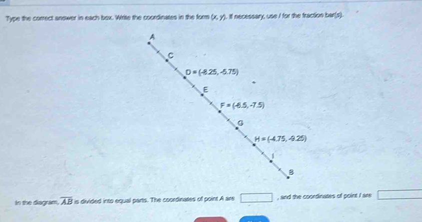 Type the correct answer in each box. Write the coordinates in the form (x,y). Il necessary, use I for the fraction bar(g).
In the diegram, overline AB is divided into equal parts. The coordinates of point A are □ , and the coordinates of point I are □