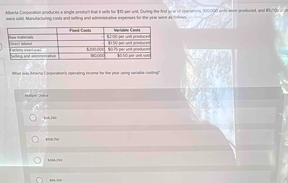 Alberta Corporation produces a single product that it sells for $10 per unit. During the first year of operations, 100,000 units were produced, and 85,000 units
were sold. Manufacturing costs and selling and administrative expenses for the year were as follows:
What was Alberta Corporation's operating income for the year using variable costing?
Multiple Choice
$66,250
$108,750
$266,250
$96,250