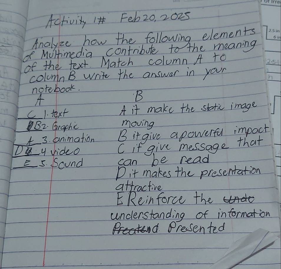 Activity 1 Feb20, 2025
Analyze how the following elements
of Multimedia contribute to the meaning
of the text. Match column A to
25%
colomnB write the answer in your
h
norebook.
A
B
c1. text A it make the static image
B2. Graphic
moving
3. animation B it give apowerful impact
D y video C it give message that
E5. Sound can be read
D it makes the presentation
attractive
EReinforce the
understanding of information
d Presented