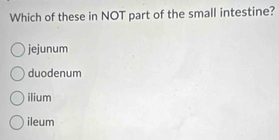 Which of these in NOT part of the small intestine?
jejunum
duodenum
ilium
ileum