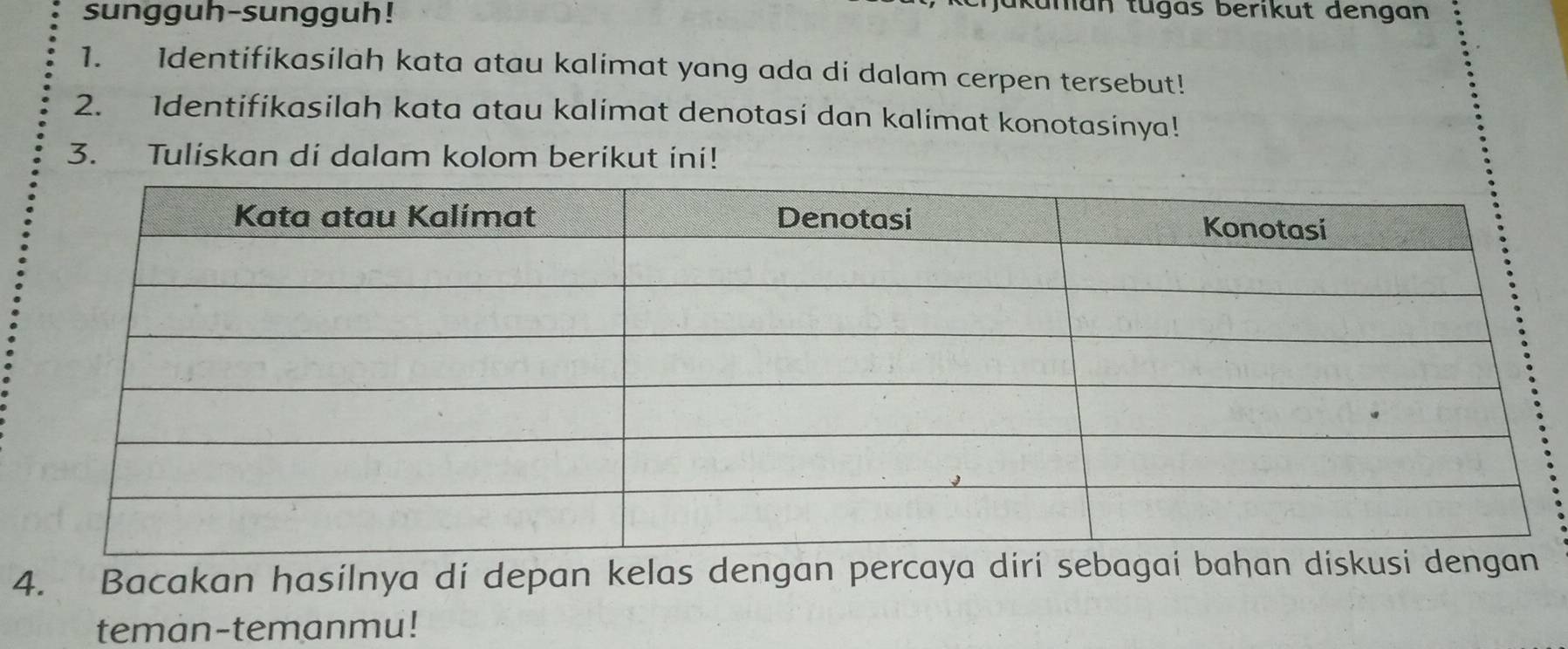 sungguh-sungguh! 
Kunan tugas berikut dengan 
1. Identifikasilah kata atau kalimat yang ada di dalam cerpen tersebut! 
2. 1dentifikasilah kata atau kalimat denotasi dan kalimat konotasinya! 
3. Tuliskan di dalam kolom berikut ini! 
4. Bacakan hasilnya di depan kelas dengan percaya diri sebagai 
teman-temanmu!