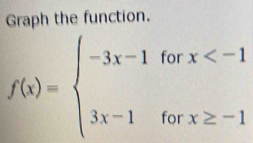 Graph the function.
f(x)=beginarrayl -3x-1forx