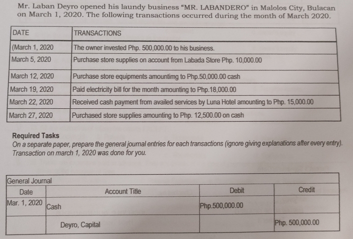 Mr. Laban Deyro opened his laundy business “MR. LABANDERO” in Malolos City, Bulacan 
on March 1, 2020. The following transactions occurred during the month of March 2020. 
Requir 
On a separate paper, prepare the general journal entries for each transactions (ignore giving explanations after every entry). 
Transaction on march 1, 2020 was done for you.