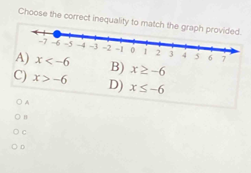 Choose the correct inequality to match
B) x≥ -6
C) x>-6 D) x≤ -6
A
8
C
D