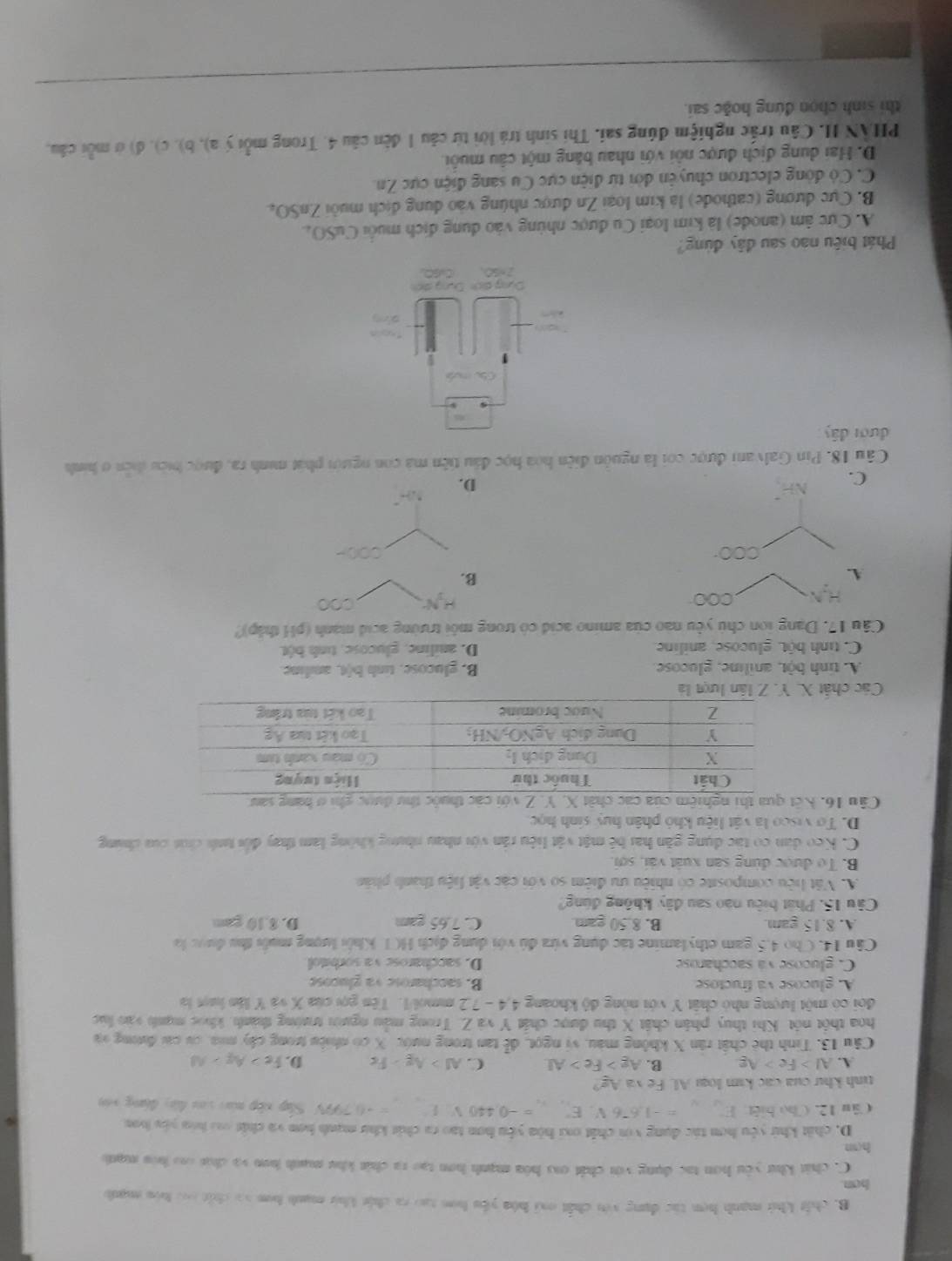 B. chất khở mạnh hợm tác dụng vi chất oại hóa yêu hơm tạo ra chít khư mạnh hơm và chất vi hòa mạnb
hon.
C. chát khư yêu hơn tạc dụng với chất oa hóa mạnh hơn tạo ra chit khu munh hơn và chưi c hòa mạnh
han
D. chất khử yêu hơn tác dụng voi chất ơxi hòa yêu hơn tạo ra chứt khu mạnh hơn và chất cai hóa yêu hơu
Câu 12. Cho biệt =-1.6^-6V.E°=-0.440V.V.1 Súp xếp man voa hiy đang vên
tinh khư của các kim loại Al. Fe và Ag
A. AI>Fe>Ag B. Ag>Fe>Al C. AJ>Ag>Fs D. Fe>Ag>Al
Câu 13. Tinh thẻ chất răn X không màu, vi ngọt, đễ tan trong nước X có nhiều trong cây mưa, có cai đương và
hoa thột nót Khi thuy phân chất X thu được chất Y và Z. Trong mẫu người trường thành, khọc mạnh vào lúc
đội có một lượng nhỏ chất Y với nòng độ khoang 4,4 - 7,2 mmol/1. Tên gọi của X và Y lần lượt là
A. glucose vá fructose B. saccharose va glucose
C. glucose và saccharose D. saccharose va sorbitol
Câu 14. Cho 4,5 gam ethylamine tác đụng vừa đú với dụng địch HCT Khỏi lượng muối thu được là
A. 8.15 gam. B. 8.50 gam C. 7.65 gam D. 8.10 gam
Câu 15. Phát biệu nào sau đây không đúng?
A. Vật hiệu composite có nhiều ưu điểm so với các vật liệu thanh phân
B. Tọ được dùng sân xuất vài, sơi.
C. Keo dân có tác dụng găn hai bê mật vật liệu răn với nhau nhưng không lam thay đổi tinh chút của chúng
D. Tợ visco la vật liệu khỏ phân huy sinh học
Câu 16. 
Các chất
A. tinh bột, aniline, glucose B. glucose, tinh bột, andine.
C. tinh bột, glucose, aniline. D. aniline, glucose, tinh bột
Câu 17. Dang ion chủ yêu nào của amino acid có trong môi trường acid mạnh (pH thập)?
A.
B.
C. NH D.
Câu 18. Pin Galvani được coi là nguồn điễn hoa học đầu tiên mà con người phát minh ra, được hiệu diễn ở hình
dượi dây
Phát biệu nao sau đây đúng?
A. Cực âm (anode) là kim loại Cu được nhùng vào dụng địch muối CuSO,.
B. Cực dương (cathode) là kim loại Zn được nhúng vào dung địch muồi ZnSO,
C. Có động electron chuyên đời từ điện cực Cu sang điện cực Zn.
D. Hai dung địch được nôi với nhau băng một câu muôi.
PHAN II. Câu trắc nghiệm đúng sai, Thi sinh trá lời từ câu 1 đên câu 4. Trong mỗi ý a), b), c), đ) ở mỗi câu,
thi sinh chọn đứng hoặc sai.