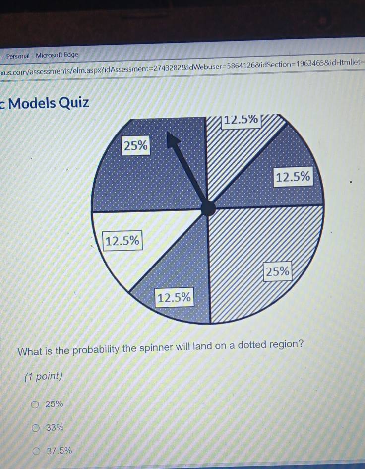 Personal - Microsoft Edge
xus.com/assessments/elm.aspx?idAssessment =2743282 &idWebuser =586412 6&idSection =19634658 idHtmle: x° 
c Models Quiz
What is the probability the spinner will land on a dotted region?
(1 point)
25%
33%
37.5%