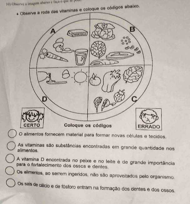 Observe a imagem abaixo e faça o que se peu 
Observe a roda das vitaminas e coloque os códigos abaixo. 
O alimentos fornecem material para formar novas células e tecidos. 
As vitaminas são substâncias encontradas em grande quantidade nos 
alimentos. 
A vitamina D encontrada no peixe e no leite é de grande importância 
para o fortalecimento dos ossos e dentes. 
Os alimentos, ao serrem ingeridos, não são aproveitados pelo organismo. 
Os sais de cálcio e de fósforo entram na formação dos dentes e dos ossos.