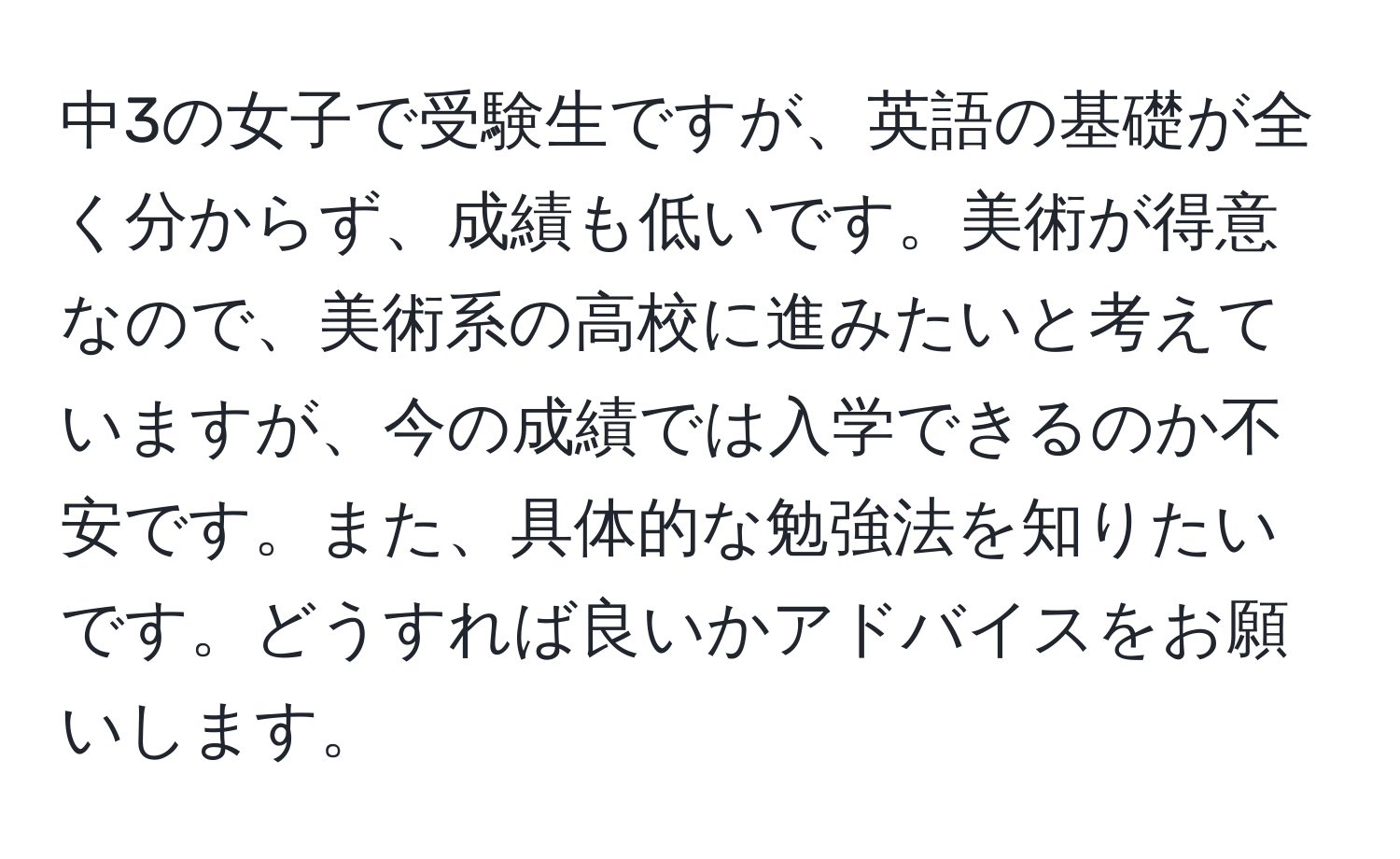 中3の女子で受験生ですが、英語の基礎が全く分からず、成績も低いです。美術が得意なので、美術系の高校に進みたいと考えていますが、今の成績では入学できるのか不安です。また、具体的な勉強法を知りたいです。どうすれば良いかアドバイスをお願いします。