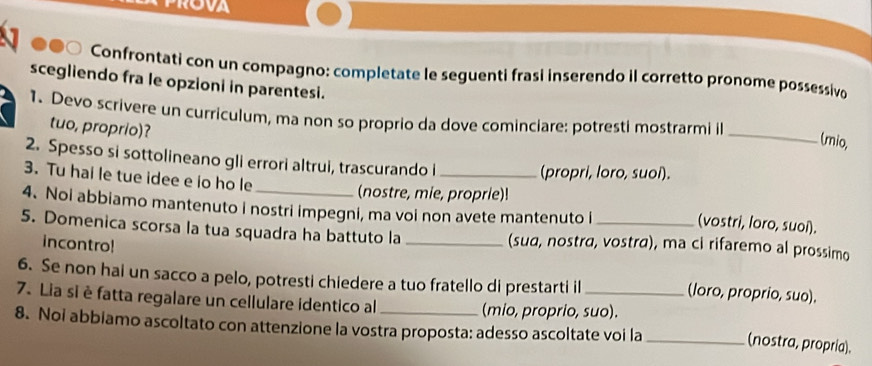 PROVA 
Confrontati con un compagno: completate le seguenti frasi inserendo il corretto pronome possessivo 
scegliendo fra le opzioni in parentesi. 
1. Devo scrivere un curriculum, ma non so proprio da dove cominciare: potresti mostrarmi il_ 
tuo, proprio)? 
(mio, 
2. Spesso si sottolineano gli errori altrui, trascurando i 
(propri, loro, suoi). 
(nostre, mie, proprie)! 
3. Tu hai le tue idee e io ho le _(vostri, loro, suoi). 
4. Noi abbiamo mantenuto i nostri impegni, ma voi non avete mantenuto i 
5. Domenica scorsa la tua squadra ha battuto la _(sua, nostra, vostra), ma ci rifaremo al prossimo 
incontro! 
6. Se non hai un sacco a pelo, potresti chiedere a tuo fratello di prestarti il 
(loro, proprio, suo). 
7. Lia si è fatta regalare un cellulare identico al (mio, proprio, suo). 
8. Noi abbiamo ascoltato con attenzione la vostra proposta: adesso ascoltate voi la_ 
(nostra, propria).