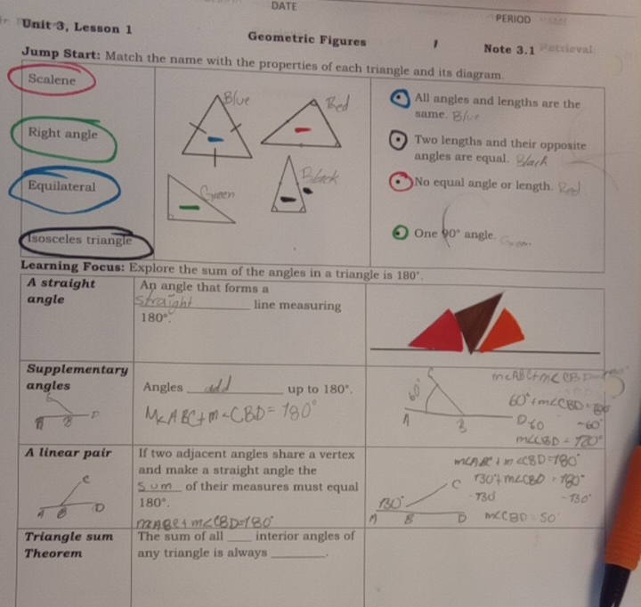 DATE PERIOD A d 
Unit 3, Lesson 1 Geometric Figures 1 Note 3.1 Petrieval
Jump Start: Match the name with the properties of each triangle and its diagram.
Scalene
All angles and lengths are the
same.
Two lengths and their opposite
Right angle angles are equal.
Equilateral
No equal angle or length.
Isosceles triangle One 90° angle.
Learning Focus: Explore the sum of the angles in a triangle is 180°. 
A straight An angle that forms a
angle _line measuring
180°. 
Supplementary
angles Angles_ up to 180°. 
A linear pair If two adjacent angles share a vertex
and make a straight angle the
C
_of their measures must equal C
180°. 
Triangle sum The sum of all_ interior angles of
Theorem any triangle is always_ .