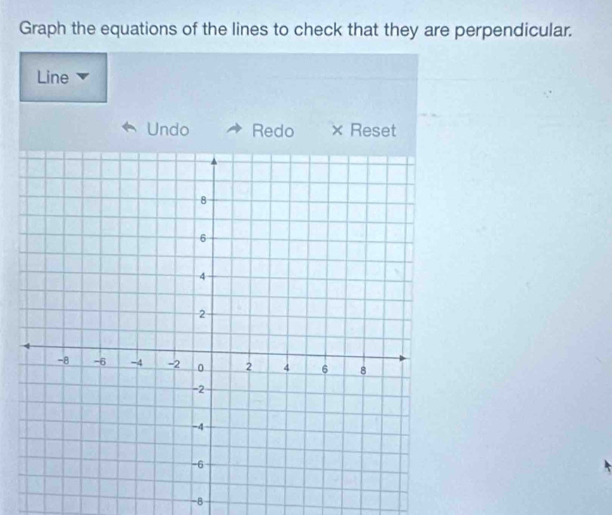 Graph the equations of the lines to check that they are perpendicular. 
Line 
Undo Redo × Reset 
-8