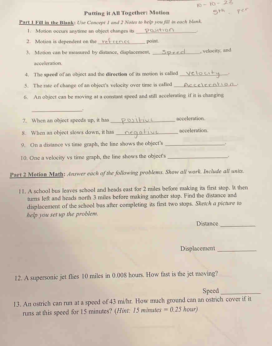 Solved: Putting it All Together: Motion Part 1 Fill in the Blank: Use  Concept 1 and 2 Notes to he [Physics], image size:872x1110