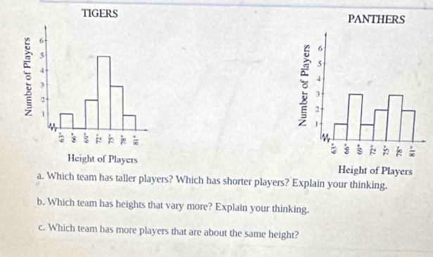 Which team has taller players? Which has shorter players? Explain your thinking.
b. Which team has heights that vary more? Explain your thinking.
c. Which team has more players that are about the same height?