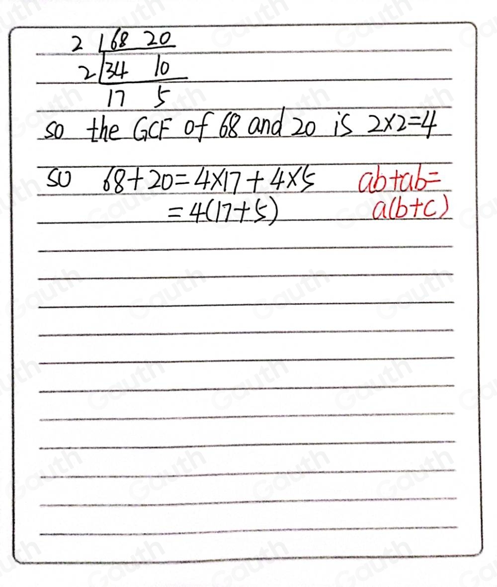 Solved: Factor 68+20. Write your answer in the form a(b+c) where a is ...