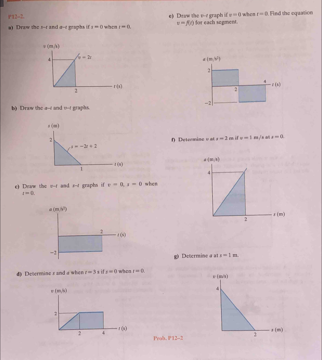 P12-2. e) Draw the v-r graph if v=0 when t=0.. Find the equation
v=f(t) for each segment.
a) Draw the s-r and a-[ graphs if s=0 when t=0.
b) Draw the a-t and v-t graphs.
s(m)
2 f) Determine v at s=2m if v=1m/ s at s=0.
s=-2t+2
a(m/s)
t(s)
1
4
c) Draw the v-r and s-t graphs if v=0,s=0 when
t=0.
s (m)
2
g) Determine a at s=1m.
d) Determine s and a when t=3 s if s=0 when t=0.
Prob. P12-2