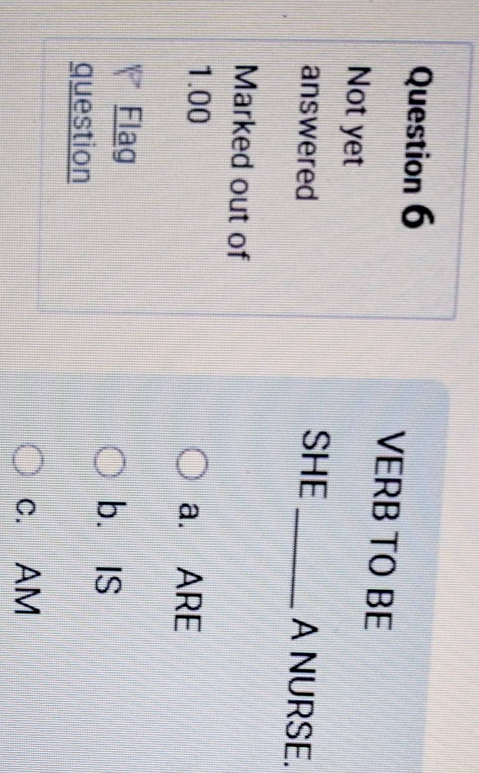 VERB TO BE
Not yet
answered
SHE _A NURSE.
Marked out of
1.00 a. ARE
Flag
b. IS
question
c. AM