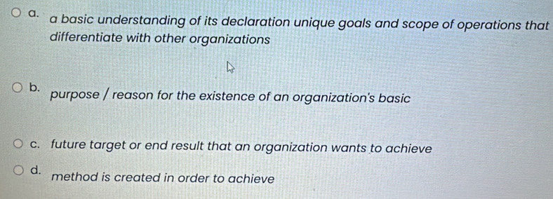 a. a basic understanding of its declaration unique goals and scope of operations that
differentiate with other organizations
b. purpose / reason for the existence of an organization's basic
c. future target or end result that an organization wants to achieve
d. method is created in order to achieve