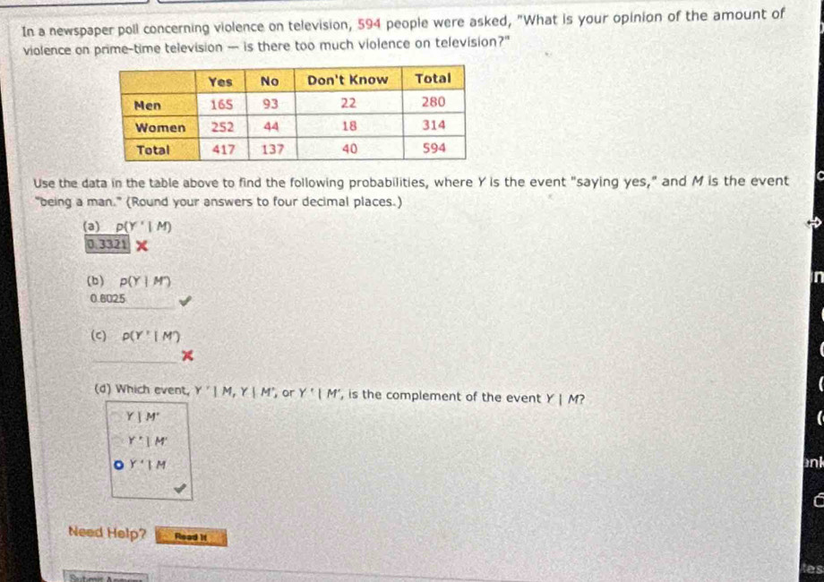 In a newspaper poll concerning violence on television, 594 people were asked, "What is your opinion of the amount of 
violence on prime-time television — is there too much violence on television?" 
Use the data in the table above to find the following probabilities, where Y is the event "saying yes," and M is the event 
"being a man." (Round your answers to four decimal places.) 
(a) P(Y'|M)
0.3321 x
(b) p(Y|M')
0.602 5
(c) D(Y'|M')
(d) Which event, Y'|M, Y|M' ,or Y'|M' , is the complement of the event Y|M 2
Y|M'
Y'|M'
。 Y'|M ank 
Need Help? Read it 
tes 
Sutimir