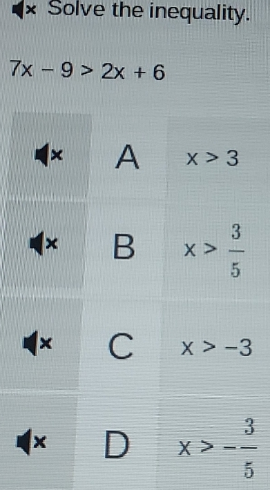 Solve the inequality.
7x-9>2x+6