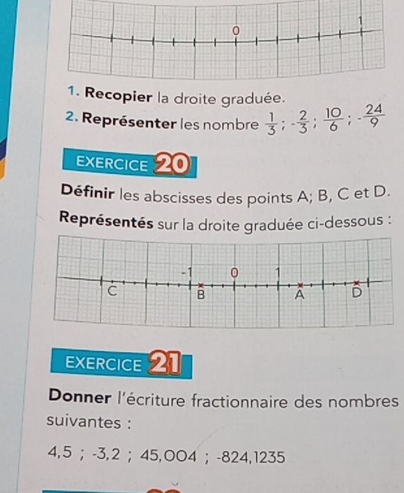 Recopier la droite graduée. 
2. Représenter les nombre  1/3 ; - 2/3 ;  10/6 ; - 24/9 
EXERCICE 20 
Définir les abscisses des points A; B, C et D. 
Représentés sur la droite graduée ci-dessous :
- 1 0 
C 
B 
A D 
EXERCICE 21 
Donner l'écriture fractionnaire des nombres 
suivantes :
4,5 ； -3,2；45,004 ； -824,1235