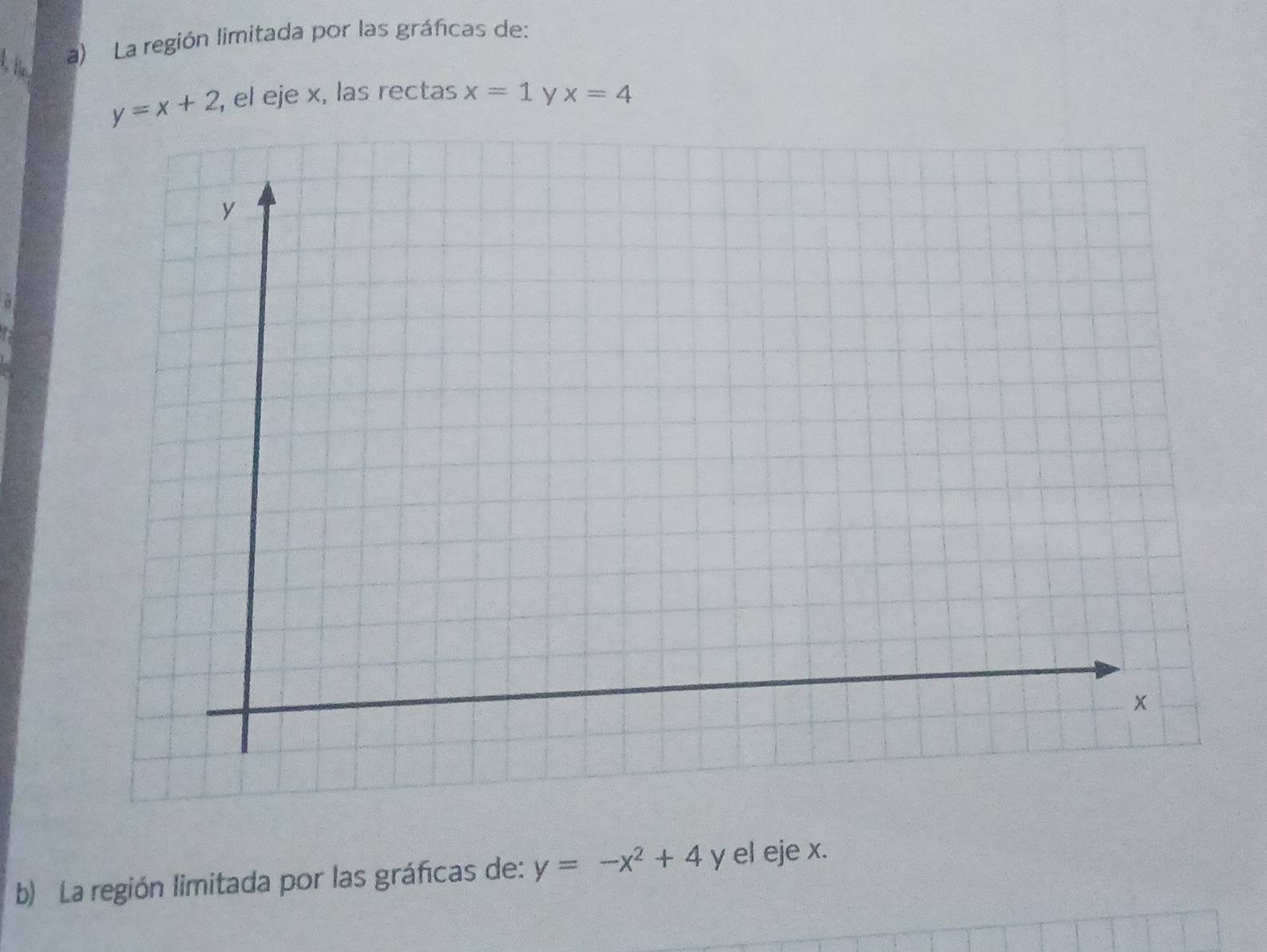 La región limitada por las gráficas de:
y=x+2 , el eje x, las rectas x=1 y x=4
b) La región limitada por las gráficas de: y=-x^2+4 y el eje x.