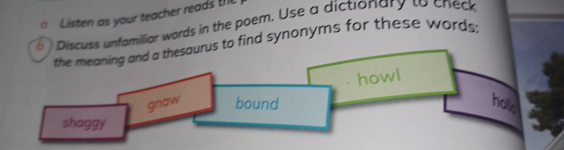 Listen as your teacher reads the 
b ) Discuss unfamiliar words in the poem. Use a dictionary to check 
the meaning and a thesaurus to find synonyms for these words; 
howl 
gnaw bound holl 
shaggy