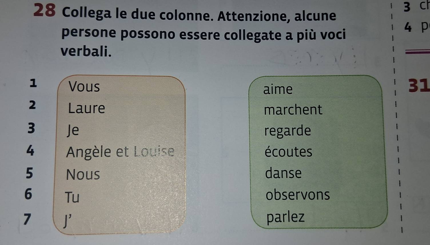 ch 
28 Collega le due colonne. Attenzione, alcune 
persone possono essere collegate a più voci 
4 p 
verbali. 
1 Vous 
aime 
31 
2 Laure marchent 
3 Je regarde 
4 Angèle et Louise écoutes 
5 Nous danse 
6 Tu observons 
7 J' parlez