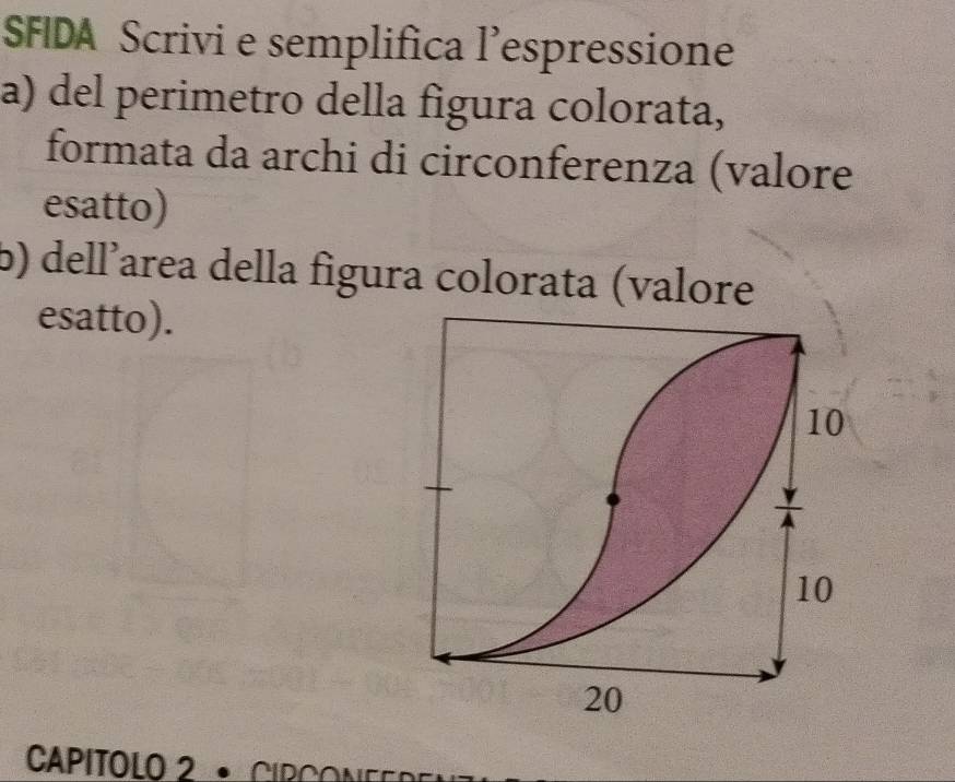 SFIDA Scrivi e semplifica l’espressione 
a) del perimetro della figura colorata, 
formata da archi di circonferenza (valore 
esatto) 
b) dell’area della figura colorata (valore 
esatto). 
CAPITOLO 2· CIRCO