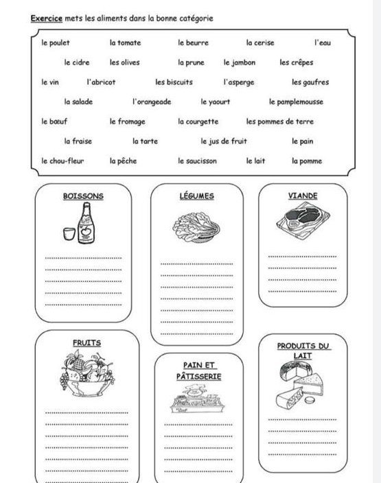 Exercice mets les aliments dans la bonne catégorie 
le poulet la tomate le beurre la cerise l'eau 
le cidre les olives la prune le jambon les crêpes 
le vin l'abricot les biscuits l'asperge les gaufres 
la salade l'orangeade le yaourt le pamplemousse 
le bœuf le fromage la courgette les pommes de terre 
la fraise la tarte le jus de fruit le pain 
le chou-fleur la pêche le saucisson le lait la pomme 
BOISSONS LégUmes VIANDE 
_ 
_ 
_ 
_ 
_ 
_ 
_ 
_ 
_ 
_ 
_ 
_ 
_ 
_ 
_ 
_ 
FRUITS PRODUITS DU 
LAIT 
PAIN ET 
PÂTISSERIE 
_ 
_ 
_ 
_ 
_ 
_ 
_ 
_ 
__ 
_ 
__ 
_ 
_