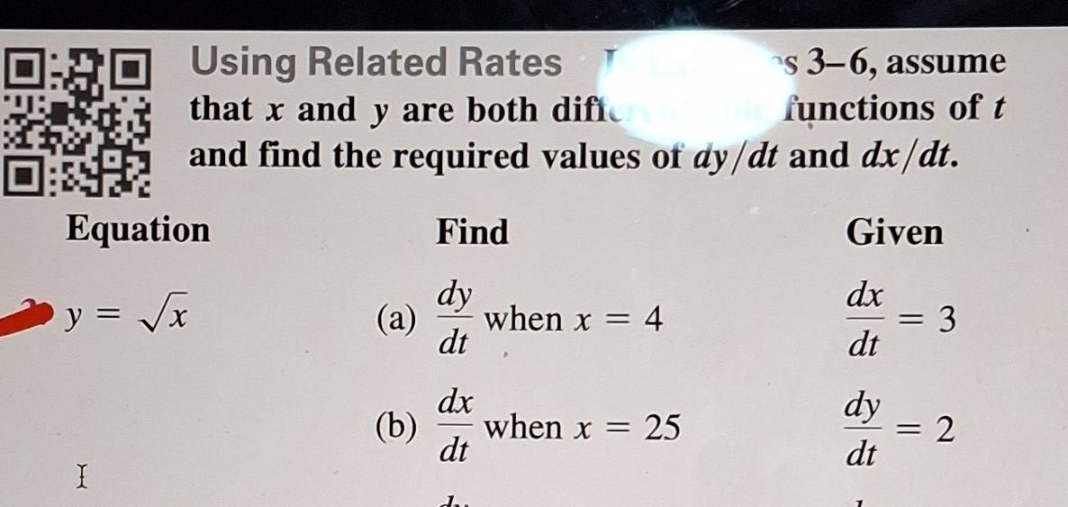 Using Related Rates S 3-6 , assume 
that x and y are both diff. functions of t
and find the required values of dy/dt and dx/dt. 
Equation Find Given
y=sqrt(x) (a)  dy/dt  when x=4
 dx/dt =3
(b)  dx/dt  when x=25
 dy/dt =2