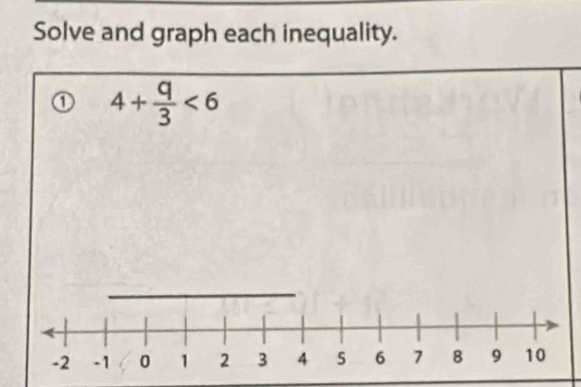 Solve and graph each inequality. 
① 4+ q/3 <6</tex>