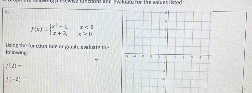 following plecewise functions and evaluate for the values listed:
a.
f(x)=beginarrayl x^2-1,x<0 x+3,x≥ 0endarray.
Using the function rule or graph, evaluate the
following:
f(2)=
f(-2)=