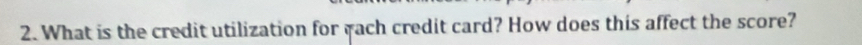 What is the credit utilization for each credit card? How does this affect the score?