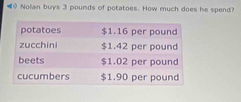 Nolan buys 3 pounds of potatoes. How much does he spend?