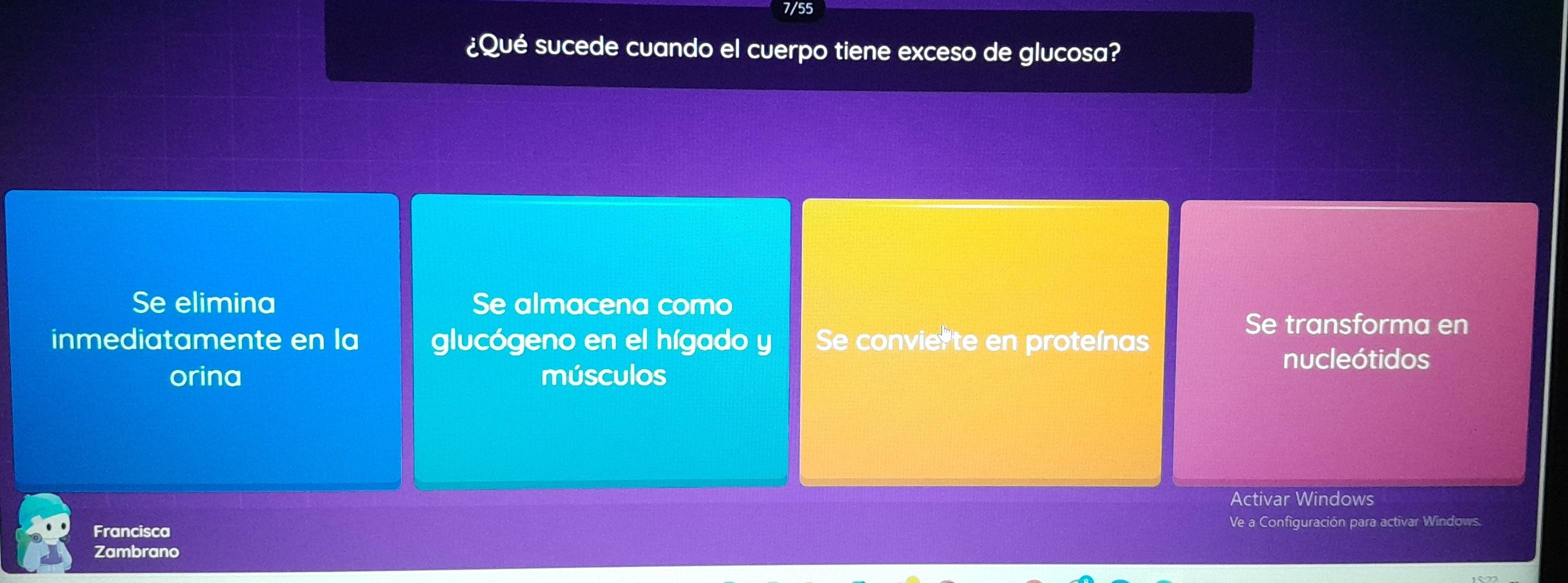 7/55
¿Qué sucede cuando el cuerpo tiene exceso de glucosa?
Se elimina Se almacena como
Se transforma en
inmediatamente en la glucógeno en el hígado y Se convierte en proteínas
nucleótidos
orina músculos
Activar Windows
Francisca Ve a Configuración para activar Windows.
Zambrano