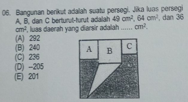 Bangunan berikut adalah suatu persegi. Jika luas persegi
A, B, dan C berturut-turut adalah 49cm^2, 64cm^2 , dan 36
cm^2 , luas daerah yang diarsir adalah _ cm^2.
(A) 292
(B) 240
(C) 236
(D) -205
(E) 201