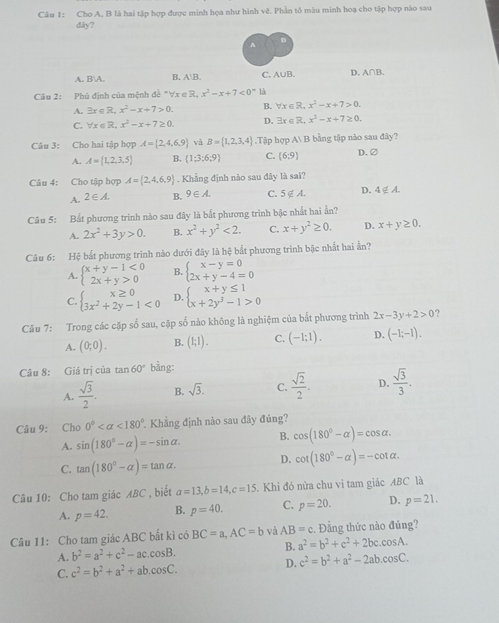 Cho A, B là hai tập hợp được minh họa như hình vẽ. Phần tô màu minh hoạ cho tập hợp nào sau
dây?
B
A
A. BA. B. AB. C. A∪ B D. A∩ B.
Câu 2: Phủ định của mệnh đề " forall x∈ R x^2-x+7<0^n là
A. exists x∈ R,x^2-x+7>0.
B. forall x∈ R,x^2-x+7>0.
C. forall x∈ R,x^2-x+7≥ 0. D. exists x∈ R,x^2-x+7≥ 0.
Câu 3: :Cho hai tập hợp A= 2,4,6,9 và B= 1,2,3,4.Tập hợp A B bằng tập nào sau đây?
A. A= 1,2,3,5 B.  1;3;6;9 C.  6:9 D.∅
Câu 4: Cho tập hợp A= 2,4,6,9. Khẳng định nào sau đây là sai?
A. 2∈ A. B. 9∈ A. C. 5∉ A. D. 4∉ A.
Câu 5: Bất phương trình nào sau đây là bắt phương trình bậc nhất hai ần?
A. 2x^2+3y>0. B. x^2+y^2<2. C. x+y^2≥ 0. D. x+y≥ 0.
Câu 6: Hệ bất phương trình nào dưới đây là hệ bất phương trình bậc nhất hai ần?
A. beginarrayl x+y-1<0 2x+y>0endarray. B. beginarrayl x-y=0 2x+y-4=0endarray.
C. beginarrayl x≥ 0 3x^2+2y-1<0endarray. D. beginarrayl x+y≤ 1 x+2y^3-1>0endarray.
Câu 7: Trong các cặp số sau, cặp số nào không là nghiệm của bắt phương trình 2x-3y+2>0 ?
A. (0;0). B. (1;1). C. (-1;1). D. (-1;-1).
Câu 8: Giá trị của tan 60° bằng:
A.  sqrt(3)/2 .
B. sqrt(3). C.  sqrt(2)/2 . D.  sqrt(3)/3 .
Câu 9: Cho 0° <180° 1 Khẳng định nào sau đây đúng?
A. sin (180°-alpha )=-sin alpha .
B. cos (180°-alpha )=cos alpha .
C. tan (180°-alpha )=tan alpha .
D. cot (180°-alpha )=-cot alpha .
Câu 10: Cho tam giác ABC , biết a=13,b=14,c=15. Khi đó nửa chu vi tam giác ABC là
A. p=42. B. p=40. C. p=20. D. p=21.
Câu 11: Cho tam giác ABC bất kì có BC=a,AC=b và AB=c. ẳng thức nào đúng?
A. b^2=a^2+c^2-ac.cos B. B. a^2=b^2+c^2+2bc.cos A.
C. c^2=b^2+a^2+ab.cos C. D. c^2=b^2+a^2-2ab.cos C.