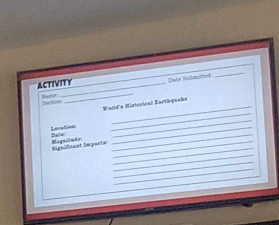 ACTIVITY 
_ 
Dete Submitted 
_ 
Name 
_ 
Section 
_ 
_ 
Worid's Historical Earthquake 
Location: 
_ 
Magnitude: 
_ 
_ 
Significant Impacte: 
_ 
_ 
_ 
_ 
_