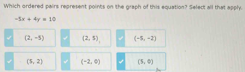 Which ordered pairs represent points on the graph of this equation? Select all that apply.
-5x+4y=10
(2,-5)
(2,5)
(-5,-2)
(5,2)
(-2,0)
(5,0)