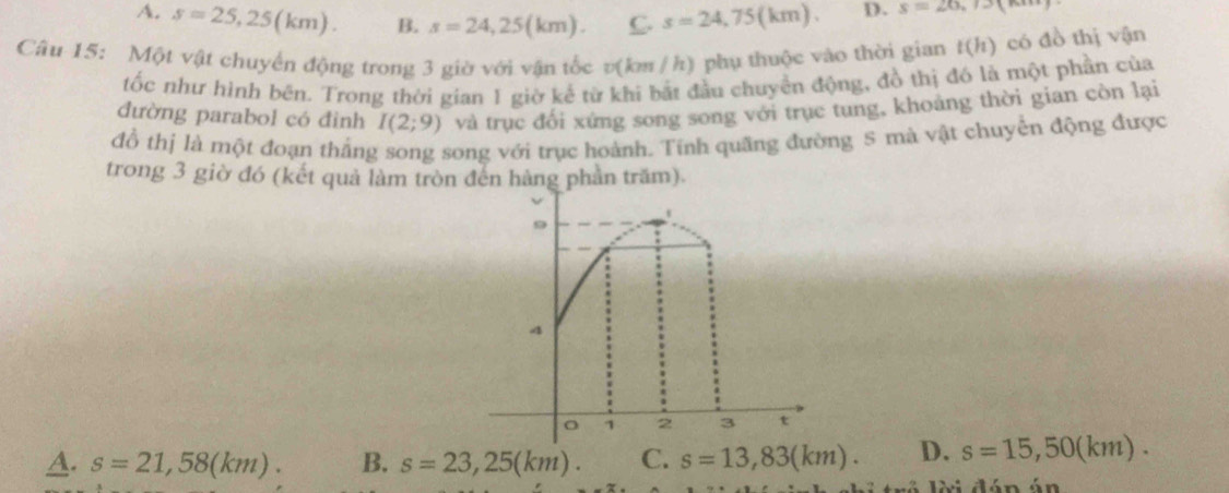 A. s=25,25(km). B. s=24,25(km). C. s=24,75(km). D. s=26,/3(6
Câu 15: Một vật chuyển động trong 3 giờ với vận tốc v(km / h) phụ thuộc vào thời gian t(h) có đồ thị vận
tốc như hình bên. Trong thời gian 1 giờ kế từ khi bắt đầu chuyển động, đồ thị đó là một phần của
đường parabol có đình I(2;9) và trục đối xứng song song với trục tung, khoảng thời gian còn lại
đồ thị là một đoạn thắng song song với trục hoành. Tính quãng đường 5 mà vật chuyển động được
trong 3 giờ đó (kết quả làm tròn đến hàng phần trăm).
A. s=21,58(km). B. s=23,25(km). C. s=13,83(km). D. s=15,50(km). 
r lời đáp án