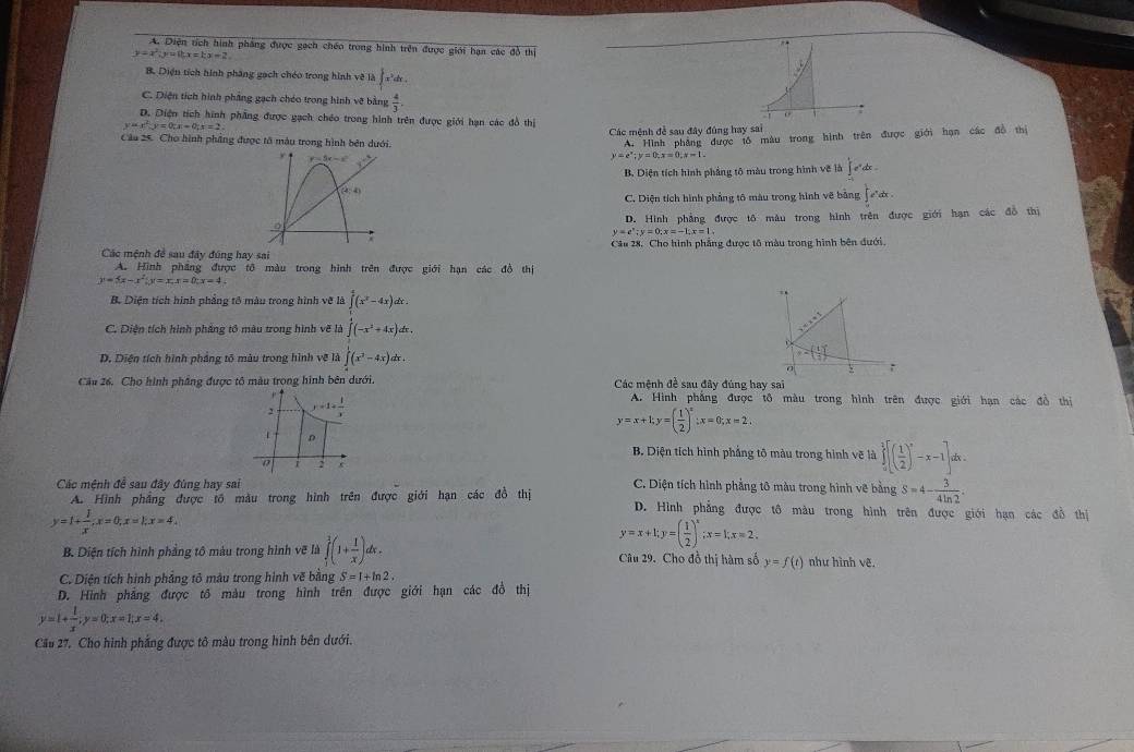 A. Diện tích hình phẳng được gạch chéo trong hình trên được giới hạn các overline abthi
y=x^2|y|=(2x-1)|x|=2
B. Diện tích hình phầng gạch chéo trong hình về là ∈t _1^(5x^2)dx.
C. Diện tích hình phầng gạch chéo trong hình về bằng  4/3 .
D. Diện tích hình phẳng được gạch chéo trong hình trên được giới hạn các đồ thị
y=x^2-y=0;x=0;x=2
Các mệnh đề sau đây đúng hay sai
Câu 25. Cho hình phầng được tô màu trong hình bên dưới.
A. Hình phẳng được tô màu trong hình trên được giới hạn các đồ thị
y P=5r
y=e^x;y=0;x=0;x=1
B. Diện tích hình phẳng tô màu trong hình về là ∈tlimits _0^(1e^x)dx=
(4,4)
C. Diện tích hình phẳng tô màu trong hình vẽ bằng
D. Hình phẳng được tô mâu trong hình trên được giới hạn các đồ thị
y=e^x;y=0;x=-1;x=1.
Câu 28. Cho hình phẳng được tô màu trong hình bên đưới,
Các mệnh đề sau đây đúng hay sai
A. Hình phầng được tô màu trong hình trên được giới hạn các đồ thị
y=5x-x^2|y=x,x=0;x=4
B. Diện tích hình phầng tô màu trong hình vẽ là ∈tlimits _1^(5(x^2)-4x)dx.
C. Diện tích hình pháng tổ màu trong hình vẽ là ∈tlimits _0^(4(-x^2)+4x)dx.
D. Diện tích hình pháng tố màu trong hình vệ là ∈tlimits _0^(1(x^2)-4x)dx.
Câu 26. Cho hình phẳng được tô màu trong hình bên dưới. Các mệnh đề sau đây đúng hay sai
, y=1+ 1/x 
A. Hình phẳng được tô màu trong hình trên được giới hạn các đồ thị
D
y=x+1;y=( 1/2 )^x;x=0;x=2.
B. Diện tích hình phẳng tô màu trong hình vẽ là ∈tlimits _0^(1[(frac 1)2)^n-x-1]dx.
a r 2 r
Các mệnh đề sau đây đùng hay sai C. Diện tích hình phẳng tô màu trong hình vẽ bằng S=4- 3/4ln 2 .
A. Hình phẳng được tố màu trong hình trên được giới hạn các đồ thị D. Hình phẳng được tô màu trong hình trên được giới hạn các đồ thị
y=1+ 1/x ;x=0;x=1;x=4.
y=x+1;y=( 1/2 )^x;x=1;x=2.
B. Diện tích hình phẳng tô màu trong hình vẽ là ∈tlimits _1^(3(1+frac 1)x)dx. Câu 29. Cho đồ thị hàm số y=f(t) như hình vẽ.
C. Diện tích hình phẳng tô mâu trong hình vẽ bằng S=1+ln 2.
D. Hình phẳng được tô màu trong hình trên được giới hạn các đồ thị
y=1+ 1/x ;y=0;x=1;x=4.
Cầu 27. Cho hình phẳng được tô màu trong hình bên dưới.