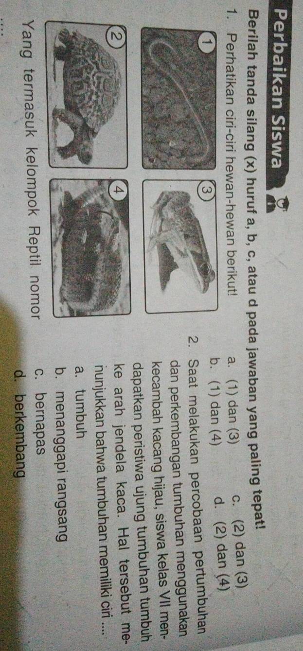 Perbaikan Siswa
Berilah tanda silang (x) huruf a, b, c, atau d pada jawaban yang paling tepat!
1. Perhatikan ciri-ciri hewan-hewan berikut! a. (1) dan (3) c. (2) dan (3)
b. (1) dan (4) d. (2) dan (4)
2. Saat melakukan percobaan pertumbuhan
dan perkembangan tumbuhan menggunakan
kecambah kacang hijau, siswa kelas VII men-
dapatkan peristiwa ujung tumbuhan tumbuh
ke arah jendela kaca. Hal tersebut me-
hunjukkan bahwa tumbuhan memiliki ciri ....
a. tumbuh
b. menanggapi rangsang
Yang termasuk kelompok Reptil nomor c. bernapas
d. berkembang