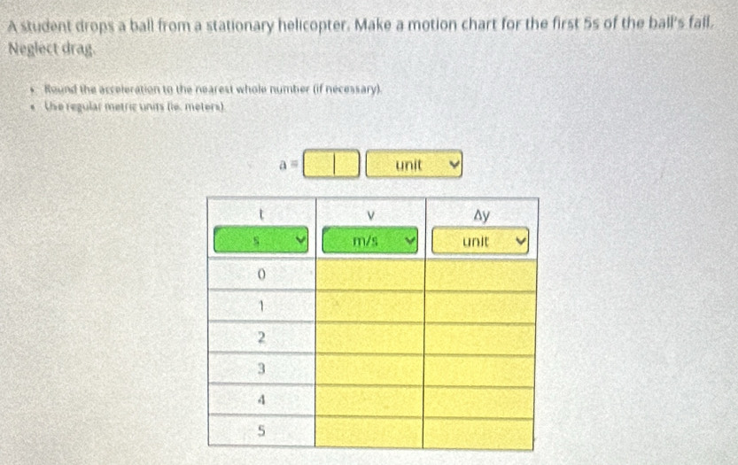 A student drops a ball from a stationary helicopter. Make a motion chart for the first 5s of the ball's fall. 
Neglect drag. 
Round the acceleration to the nearest whole number (if necessary). 
te regular metric units (le. meters).
a= unit