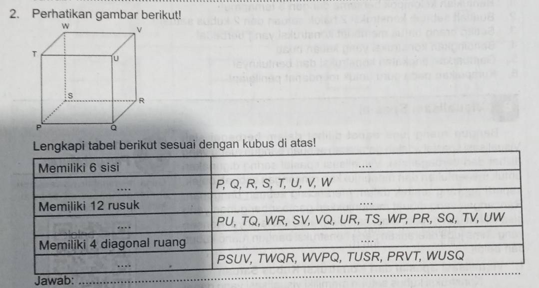 Perhatikan gambar berikut! 
Lengkapi tabel berikut sesuai dengan kubus di atas! 
Jawab:_