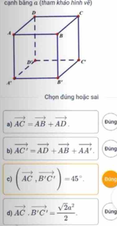 cạnh bãng α (tham khảo hình vẽ)
Chọn đúng hoặc sai
a) vector AC=vector AB+vector AD. Đủng
b) vector AC'=vector AD+vector AB+vector AA'. Đúng
c) (vector AC,vector B'C')=45°. Đùng
d) vector AC· vector B'C'= sqrt(2)a^2/2 . Đúng