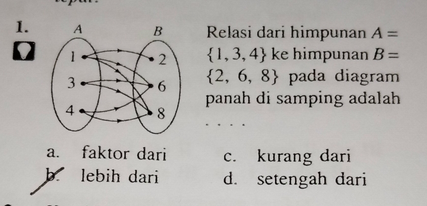 Relasi dari himpunan A=
0ke himpunan B=
 1,3,4
 2,6,8 pada diagram
panah di samping adalah
a. faktor dari c. kurang dari
b lebih dari d. setengah dari