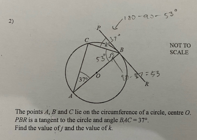 NOT TO
SCALE
The points A, B'and C lie on the circumference of a circle, centre O.
PBR is a tangent to the circle and angle BAC=37°.
Find the value ofj and the value of k.