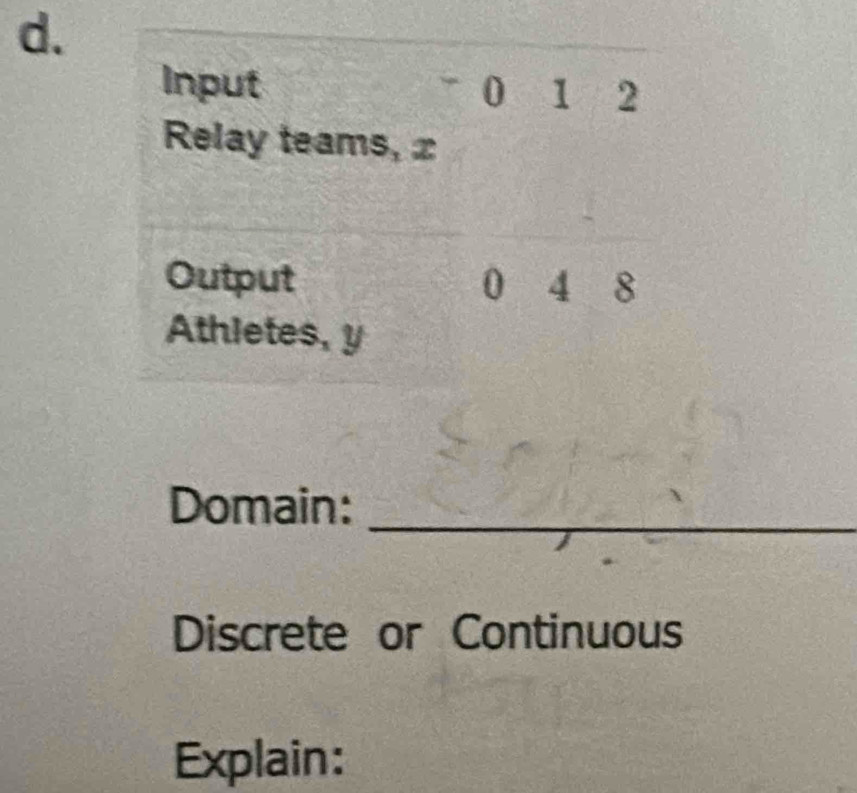 Input 0 1 2
Relay teams, £ 
Output 0 4 8
Athletes, y
Domain:_ 
Discrete or Continuous 
Explain: