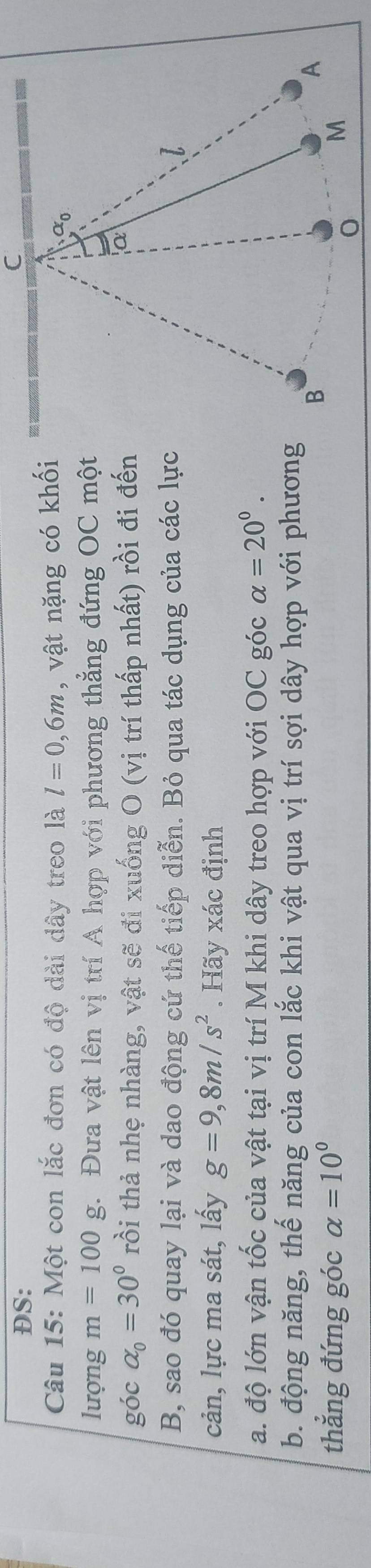 DS: 
C 
Câu 15: Một con lắc đơn có độ dài dây treo là l=0,6m , vật nặng có khối 
lượng m=100g g. Đưa vật lên vị trí A hợp với phương thẳng đứng OC một 
góc alpha _0=30° rồi thả nhẹ nhàng, vật sẽ đi xuống O (vị trí thấp nhất) rồi đi đến 
B, sao đó quay lại và dao động cứ thế tiếp diễn. Bỏ qua tác dụng của các lực 
cản, lực ma sát, lấy g=9,8m/s^2. Hãy xác định 
a. độ lớn vận tốc của vật tại vị trí M khi dây treo hợp với OC góc alpha =20^0. 
b. động năng, thế năng của con lắc khi vật qua vị trí sợi dây hợp với phương 
thẳng đứng góc alpha =10°